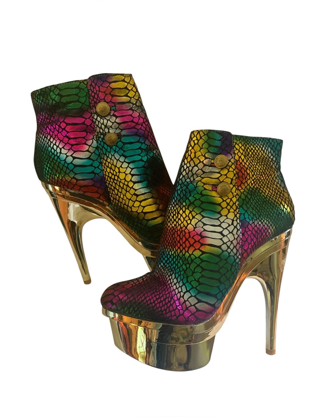 Mona Mia Rainbow Dancer Iridescent Snake Platform Gold Stiletto